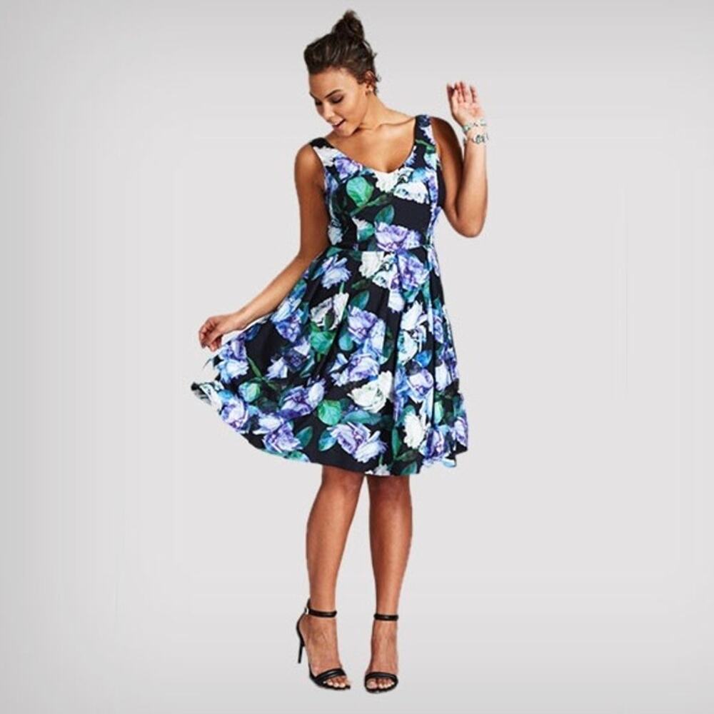 City Chic Black&Purple Floral Sateen Fit&Flare Midi Dress Sz.L/20W